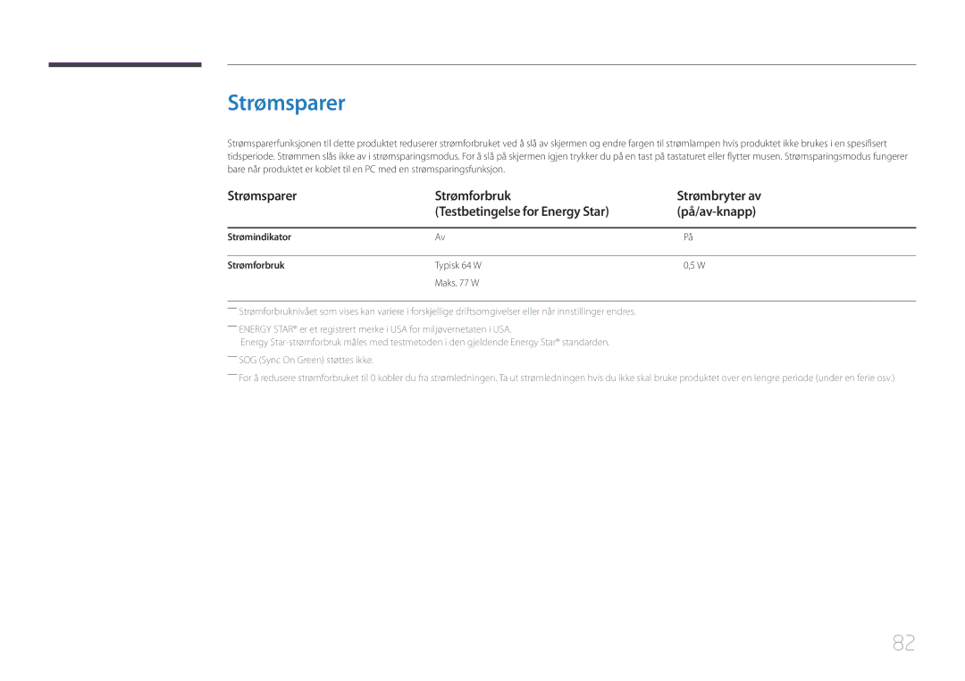 Samsung LS34E790CNS/EN manual Strømsparer, Strømindikator Strømforbruk, Typisk 64 W Maks W 