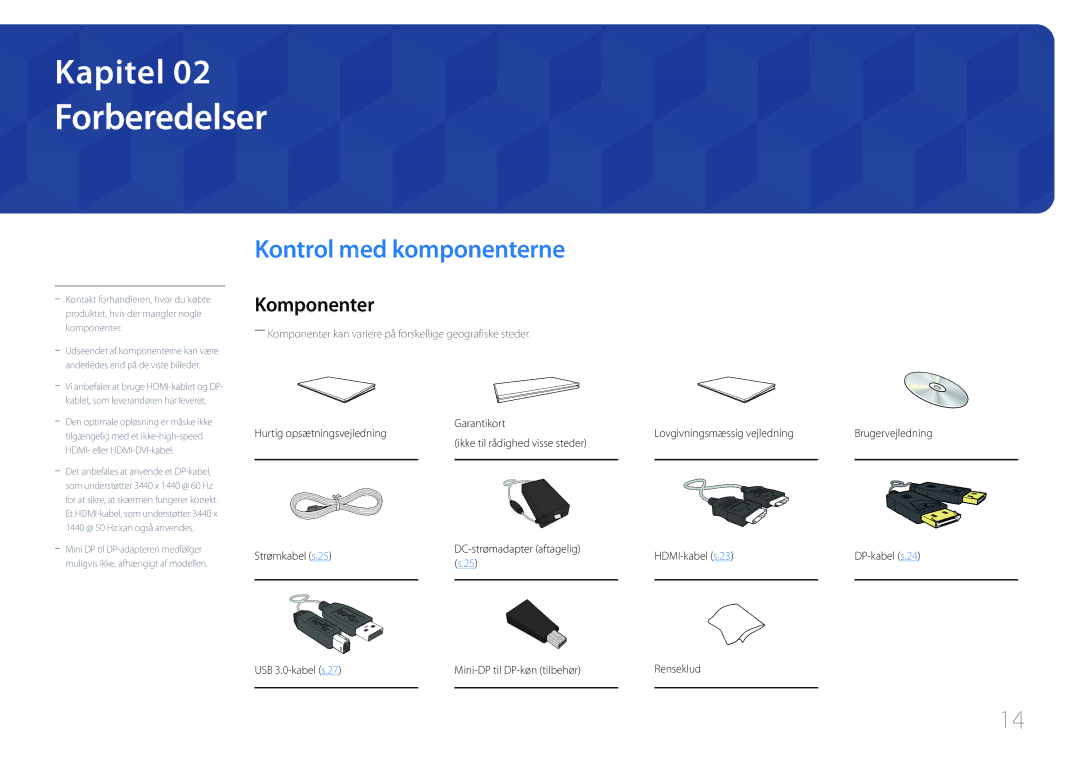 Samsung LS34E790CNS/EN manual Forberedelser, Kontrol med komponenterne, Komponenter 