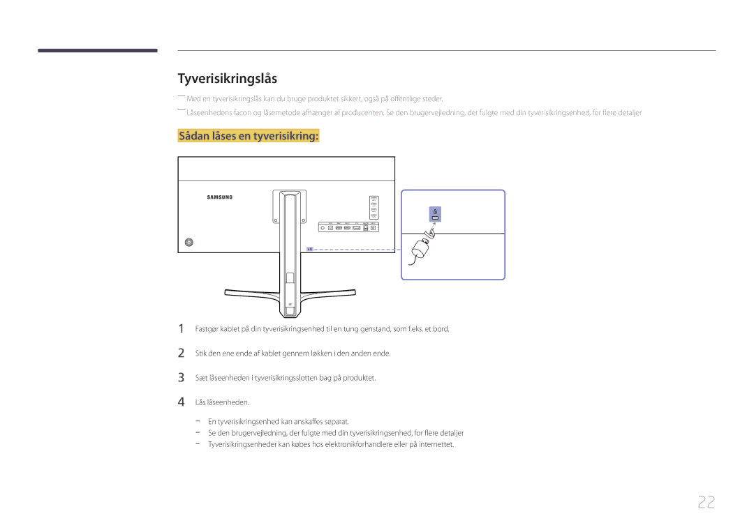 Samsung LS34E790CNS/EN manual Tyverisikringslås, Sådan låses en tyverisikring 