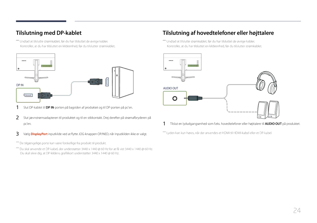 Samsung LS34E790CNS/EN manual Tilslutning med DP-kablet, Tilslutning af hovedtelefoner eller højttalere, Pcen 