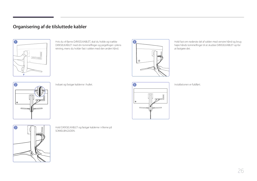 Samsung LS34E790CNS/EN manual Organisering af de tilsluttede kabler, At fastgøre det, Indsæt og fastgør kablerne i hullet 