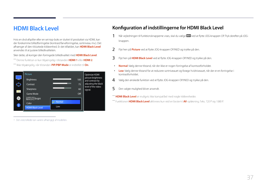 Samsung LS34E790CNS/EN manual Konfiguration af indstillingerne for Hdmi Black Level, Kontrastforholdet 