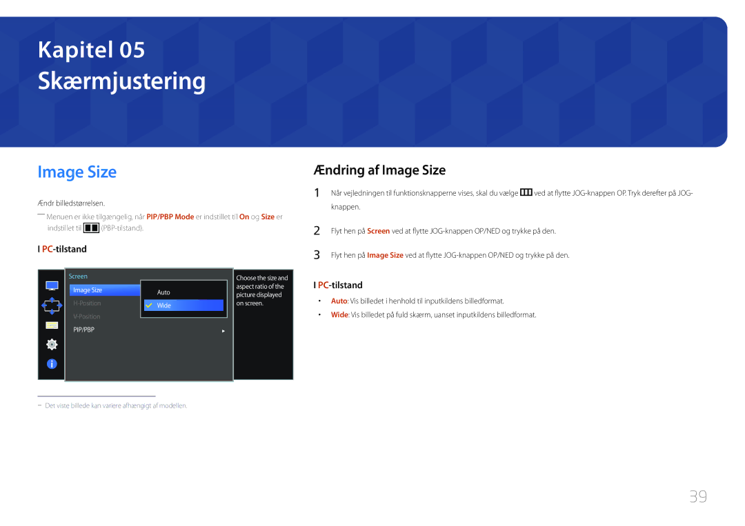 Samsung LS34E790CNS/EN manual Skærmjustering, Ændring af Image Size, Ændr billedstørrelsen 