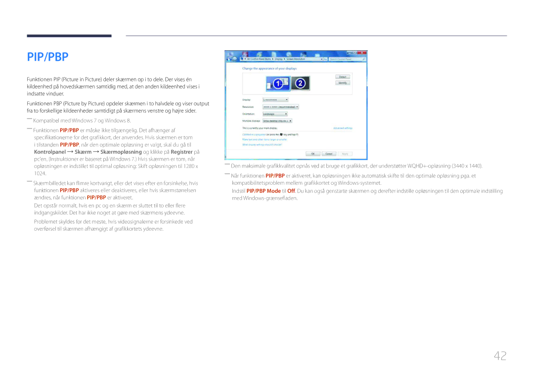 Samsung LS34E790CNS/EN manual Pip/Pbp, ――Kompatibel med Windows 7 og Windows 