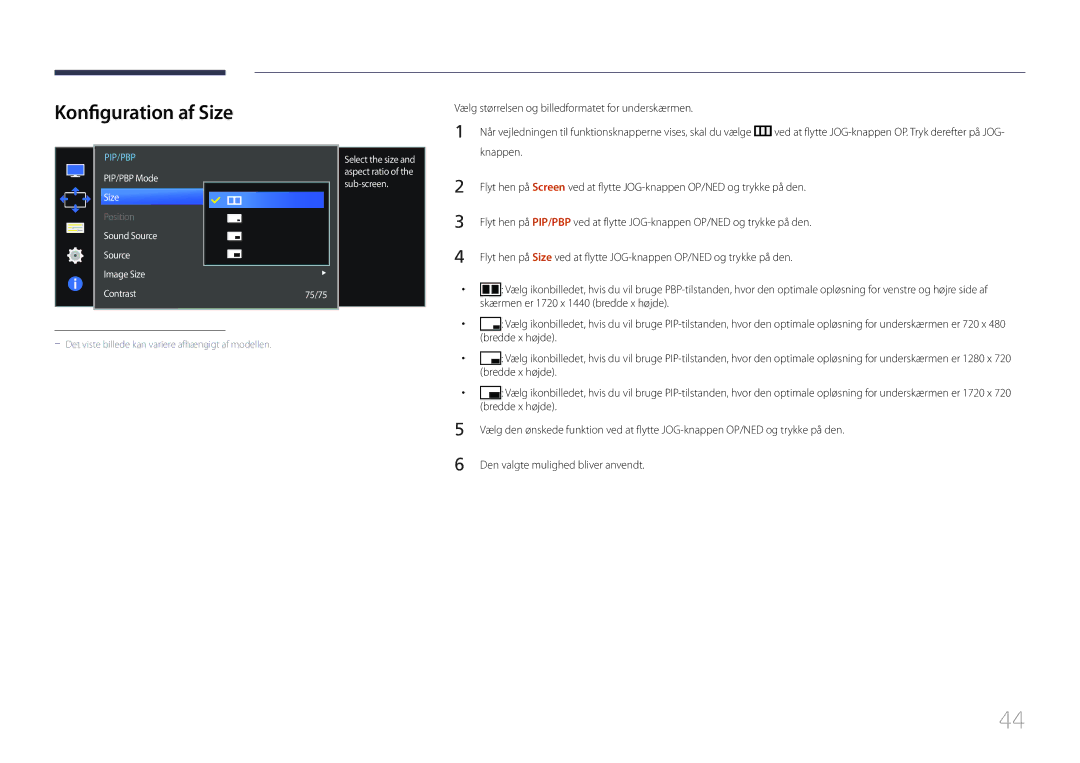 Samsung LS34E790CNS/EN manual Konfiguration af Size, Skærmen er 1720 x 1440 bredde x højde, Bredde x højde 
