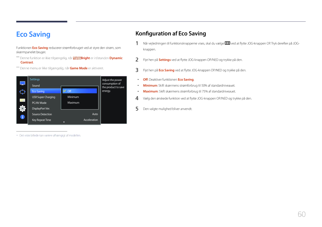 Samsung LS34E790CNS/EN manual Konfiguration af Eco Saving 