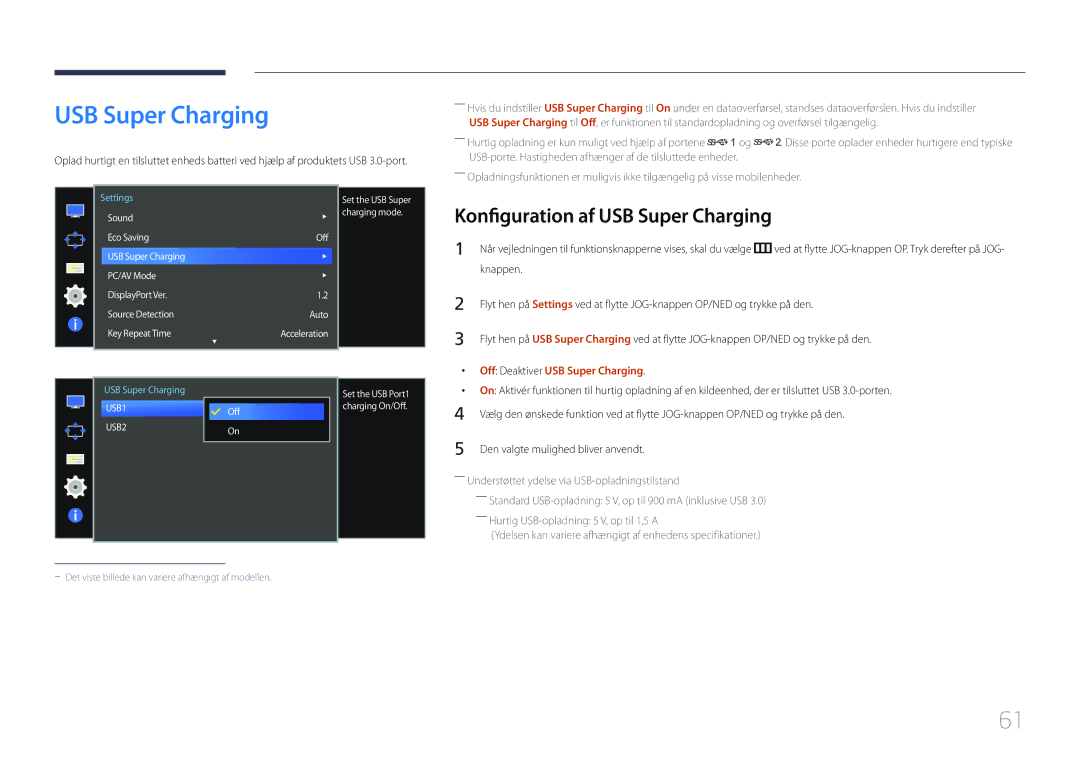 Samsung LS34E790CNS/EN manual Konfiguration af USB Super Charging, Off Deaktiver USB Super Charging 