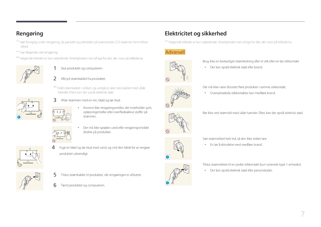 Samsung LS34E790CNS/EN manual Rengøring, Elektricitet og sikkerhed, Hænder. Ellers kan der opstå elektrisk stød 