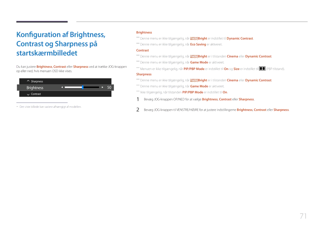 Samsung LS34E790CNS/EN manual Brightness, Contrast, PBP-tilstand, Sharpness 