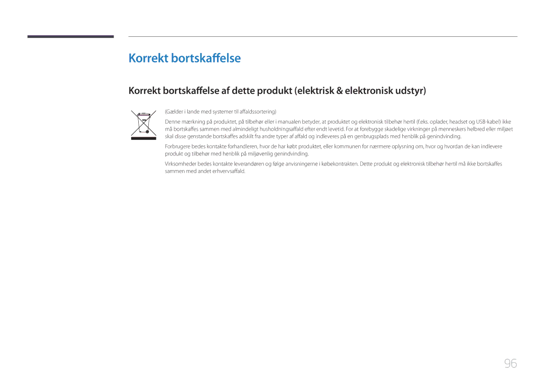 Samsung LS34E790CNS/EN manual Korrekt bortskaffelse, Gælder i lande med systemer til affaldssortering 