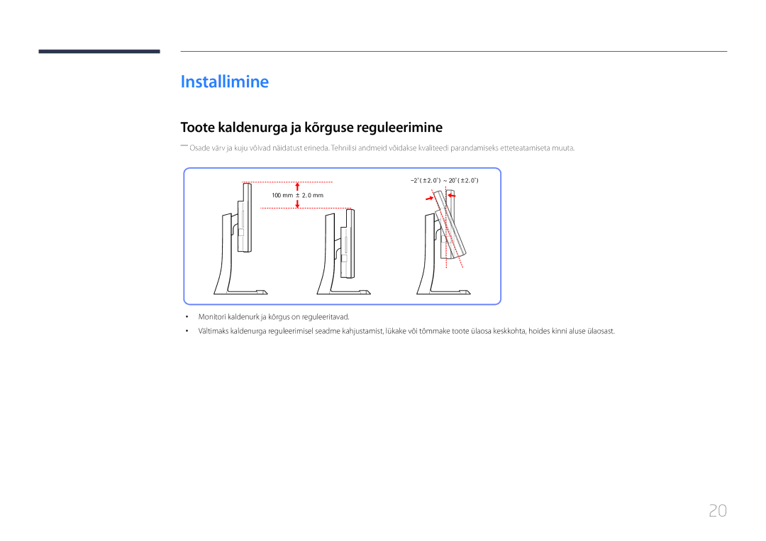 Samsung LS34E790CNS/EN manual Installimine, Toote kaldenurga ja kõrguse reguleerimine 