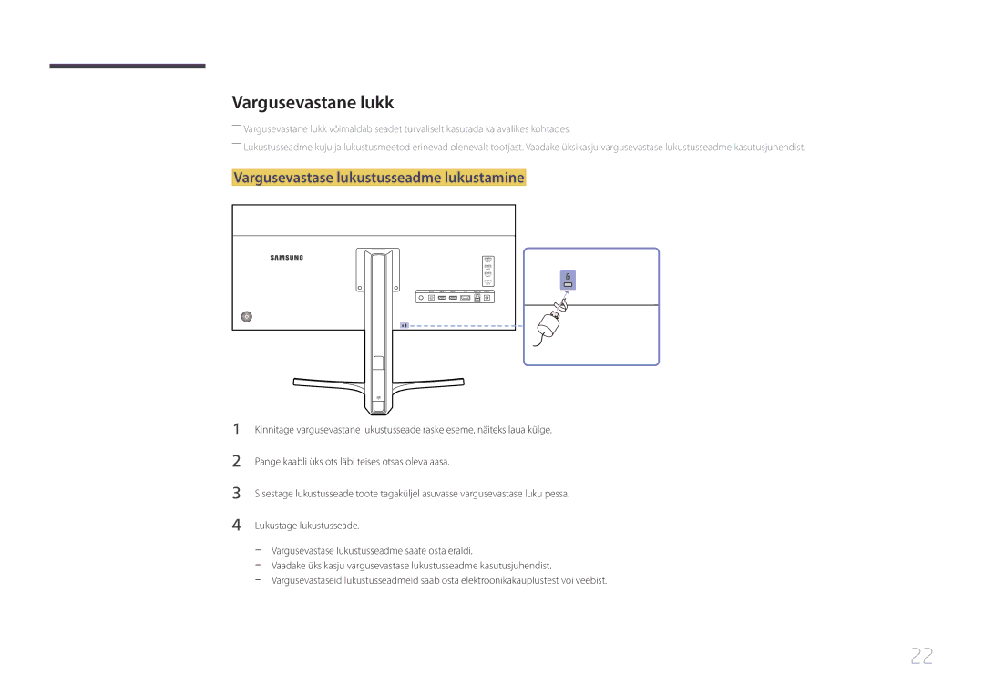 Samsung LS34E790CNS/EN manual Vargusevastane lukk, Vargusevastase lukustusseadme lukustamine 