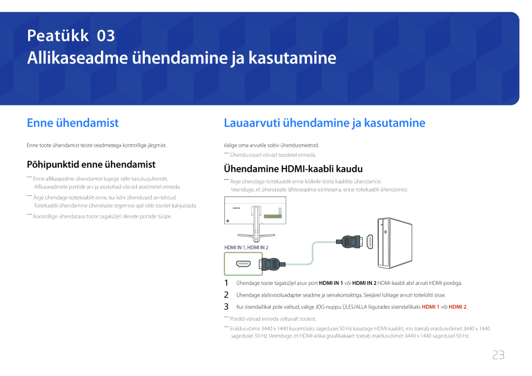 Samsung LS34E790CNS/EN manual Allikaseadme ühendamine ja kasutamine, Enne ühendamist, Lauaarvuti ühendamine ja kasutamine 