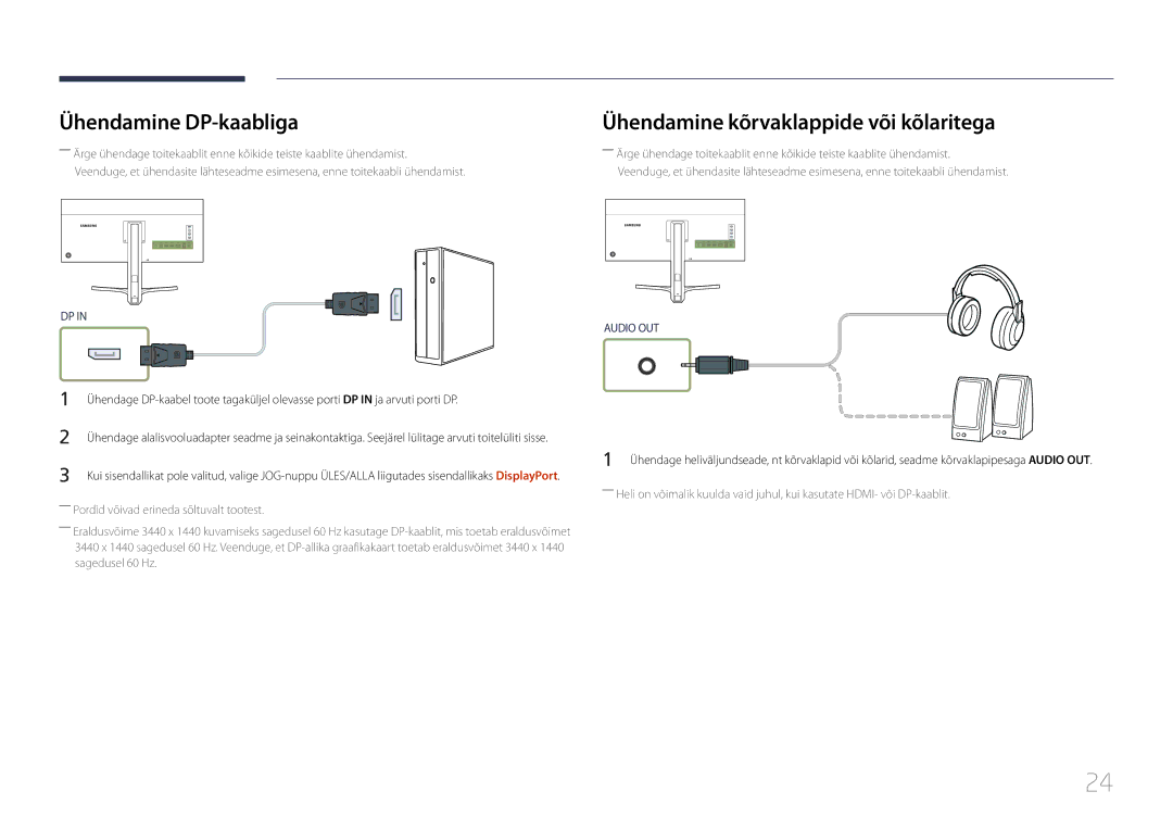 Samsung LS34E790CNS/EN manual Ühendamine DP-kaabliga, Ühendamine kõrvaklappide või kõlaritega 