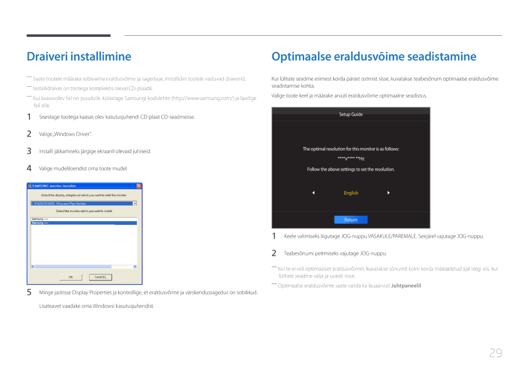 Samsung LS34E790CNS/EN manual Draiveri installimine, Optimaalse eraldusvõime seadistamine 