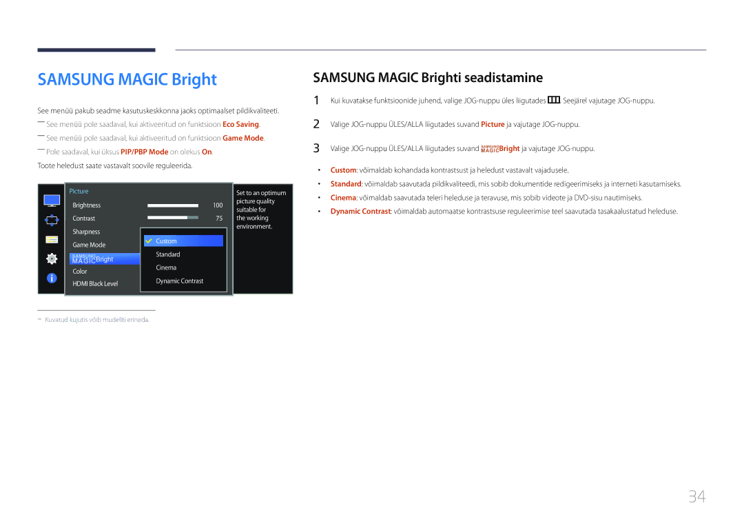 Samsung LS34E790CNS/EN manual Samsung Magic Brighti seadistamine, Toote heledust saate vastavalt soovile reguleerida 