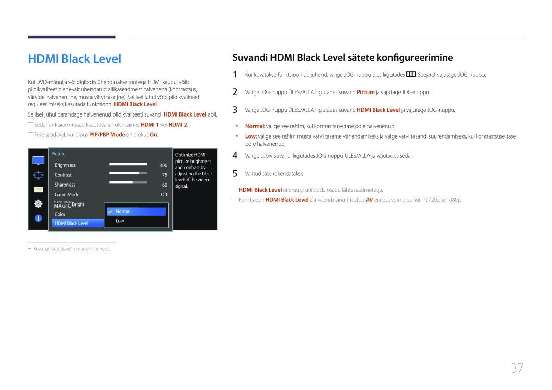 Samsung LS34E790CNS/EN manual Suvandi Hdmi Black Level sätete konfigureerimine 