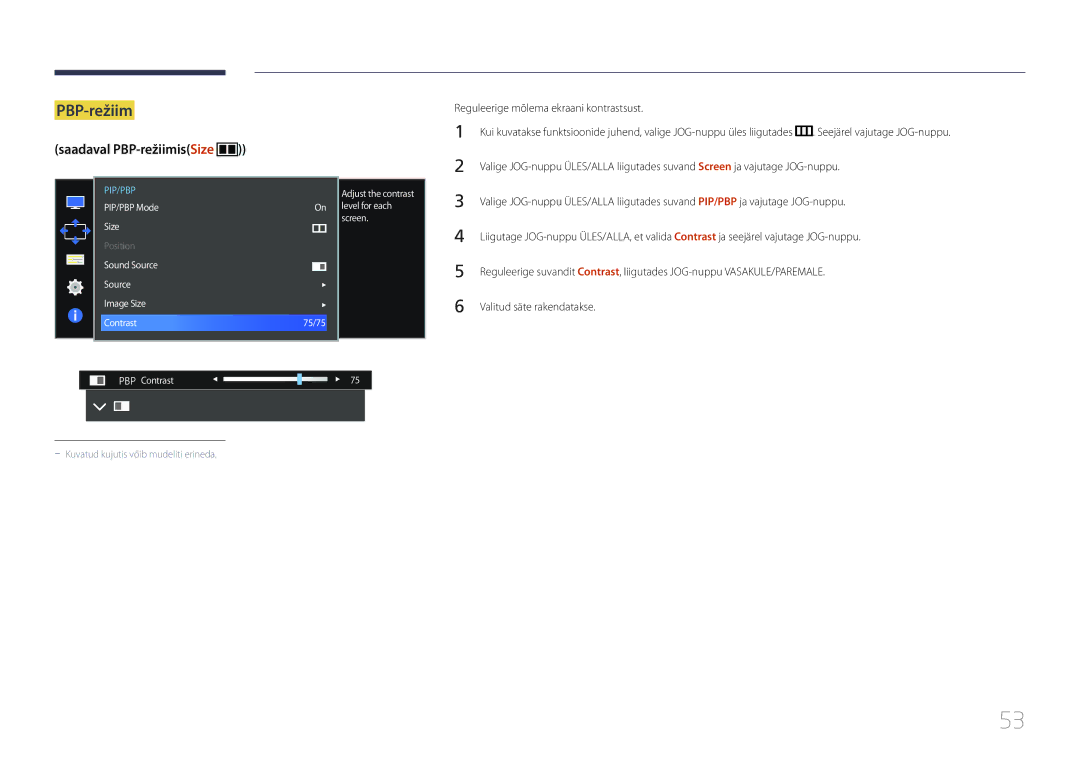 Samsung LS34E790CNS/EN manual Saadaval PBP-režiimisSize, Reguleerige mõlema ekraani kontrastsust 