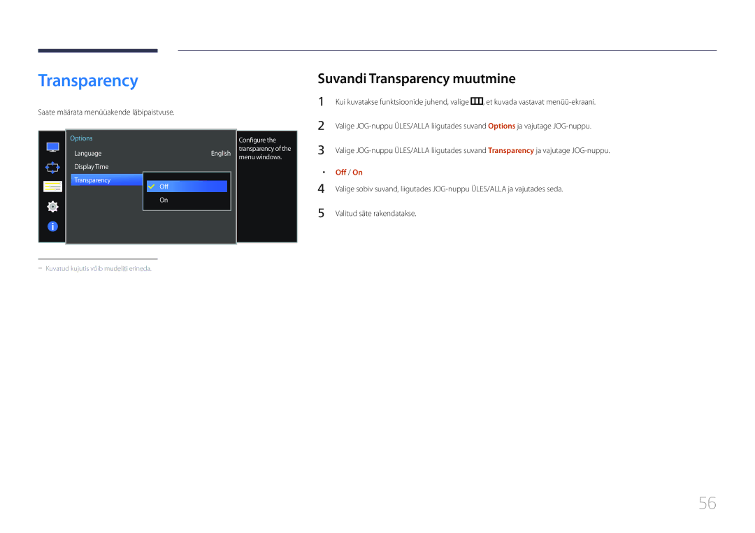 Samsung LS34E790CNS/EN manual Suvandi Transparency muutmine, Saate määrata menüüakende läbipaistvuse 