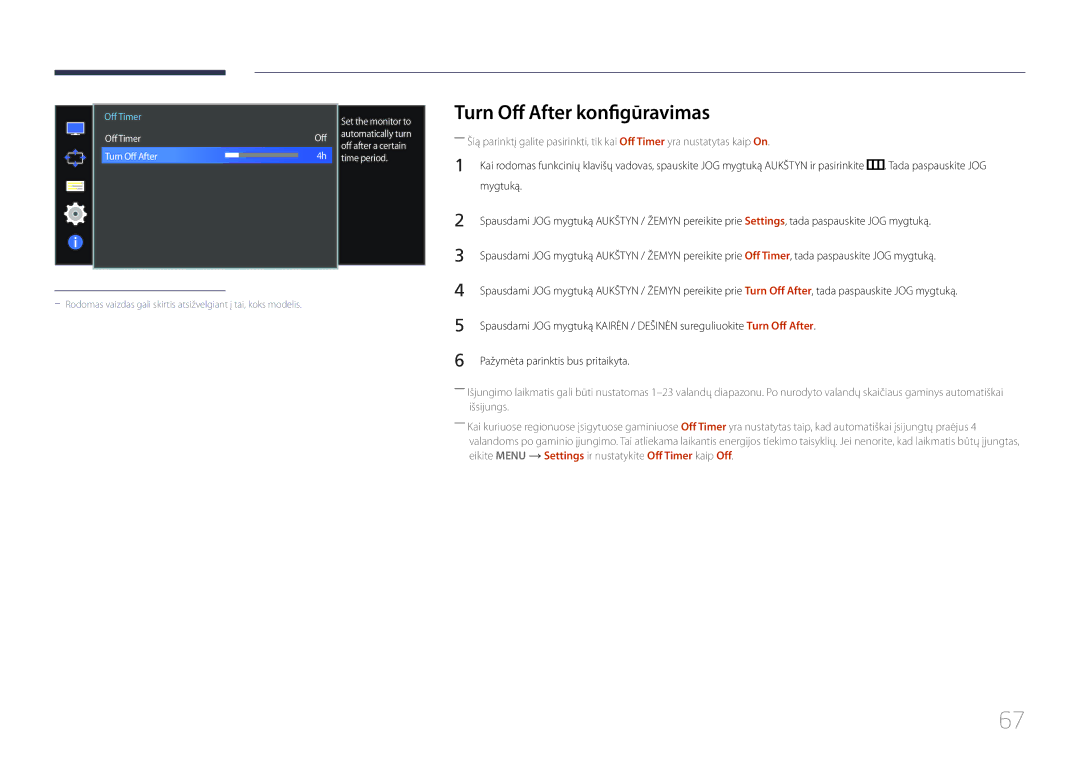 Samsung LS34E790CNS/EN manual Turn Off After konfigūravimas, Set the monitor to 