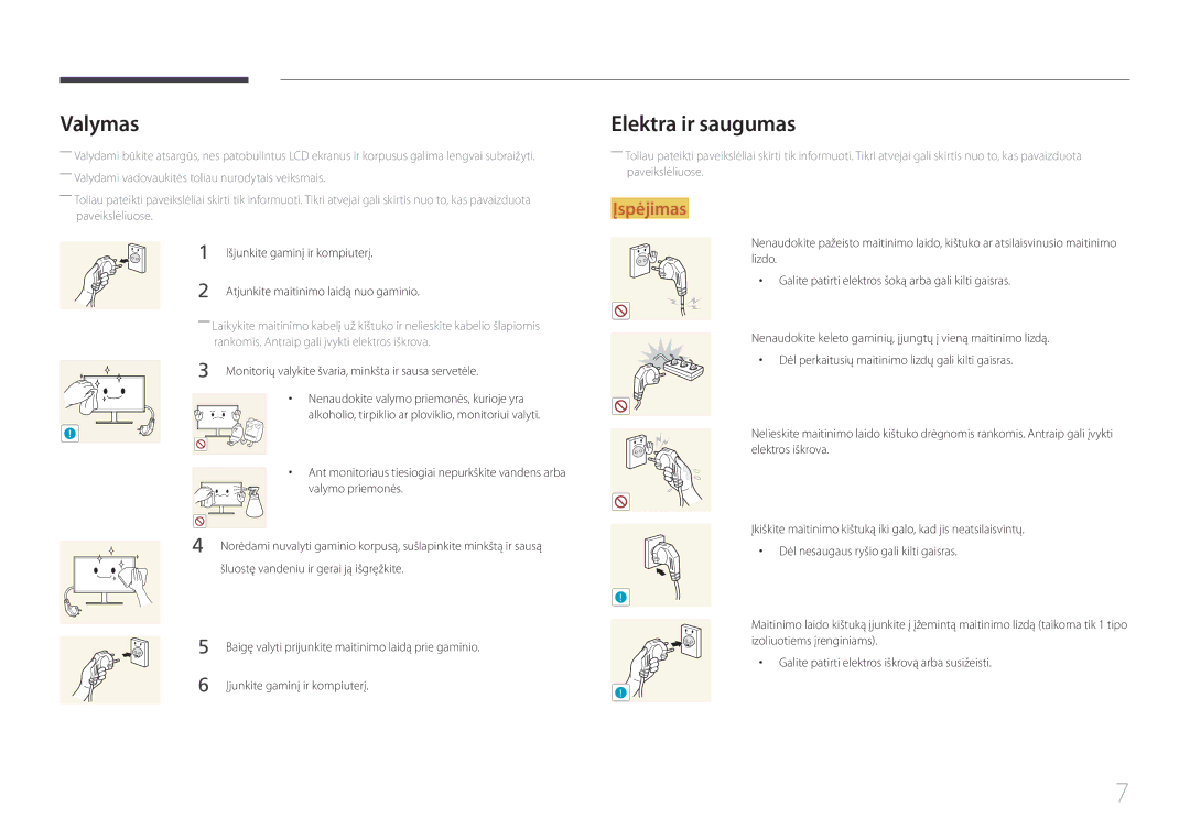 Samsung LS34E790CNS/EN manual Valymas, Elektra ir saugumas, Išjunkite gaminį ir kompiuterį 