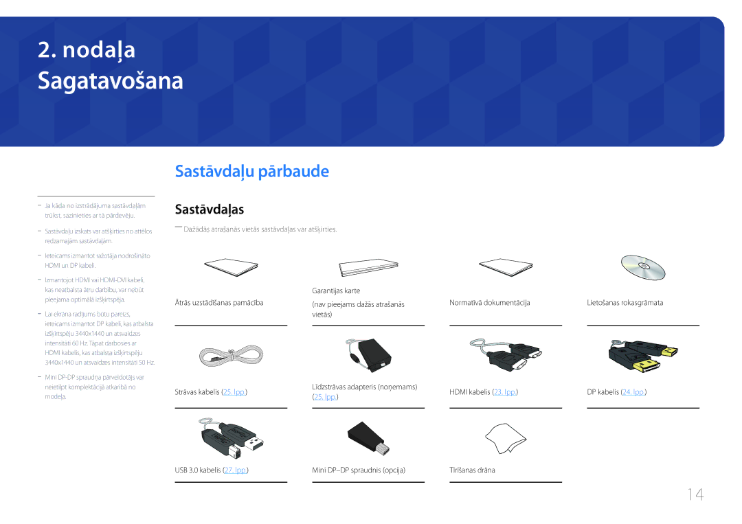 Samsung LS34E790CNS/EN manual Sagatavošana, Sastāvdaļu pārbaude, Sastāvdaļas 