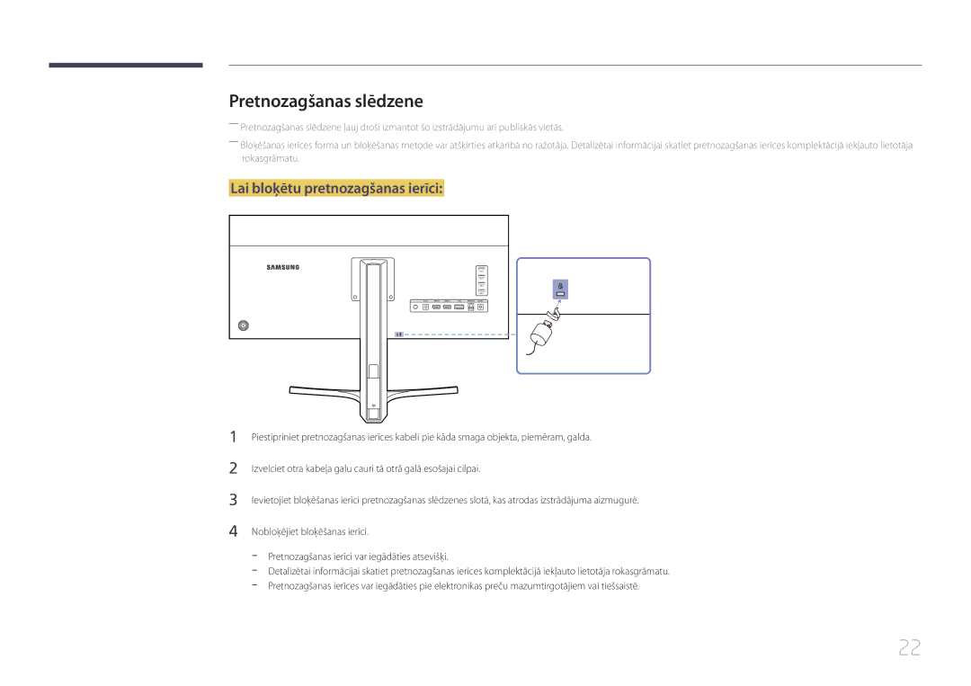 Samsung LS34E790CNS/EN manual Pretnozagšanas slēdzene, Lai bloķētu pretnozagšanas ierīci 