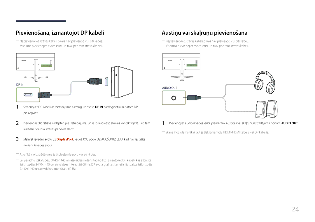 Samsung LS34E790CNS/EN manual Pievienošana, izmantojot DP kabeli, Austiņu vai skaļruņu pievienošana, Pieslēgvietu 