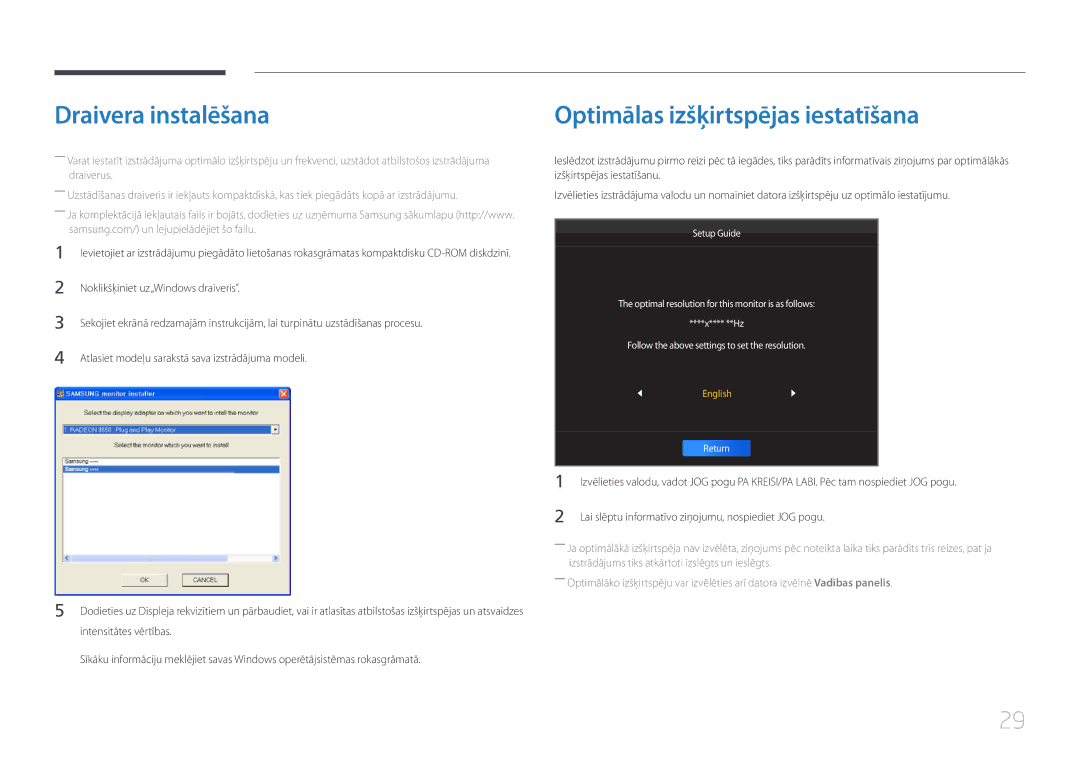 Samsung LS34E790CNS/EN manual Draivera instalēšana, Optimālas izšķirtspējas iestatīšana 