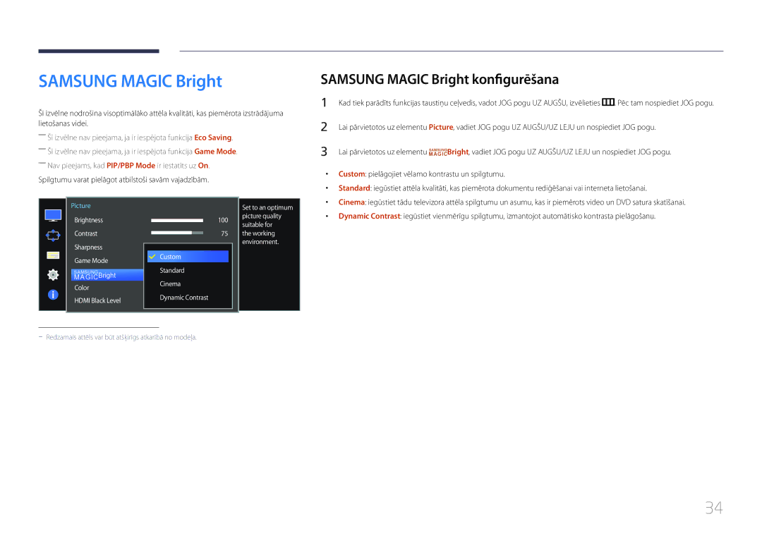 Samsung LS34E790CNS/EN manual Samsung Magic Bright konfigurēšana 