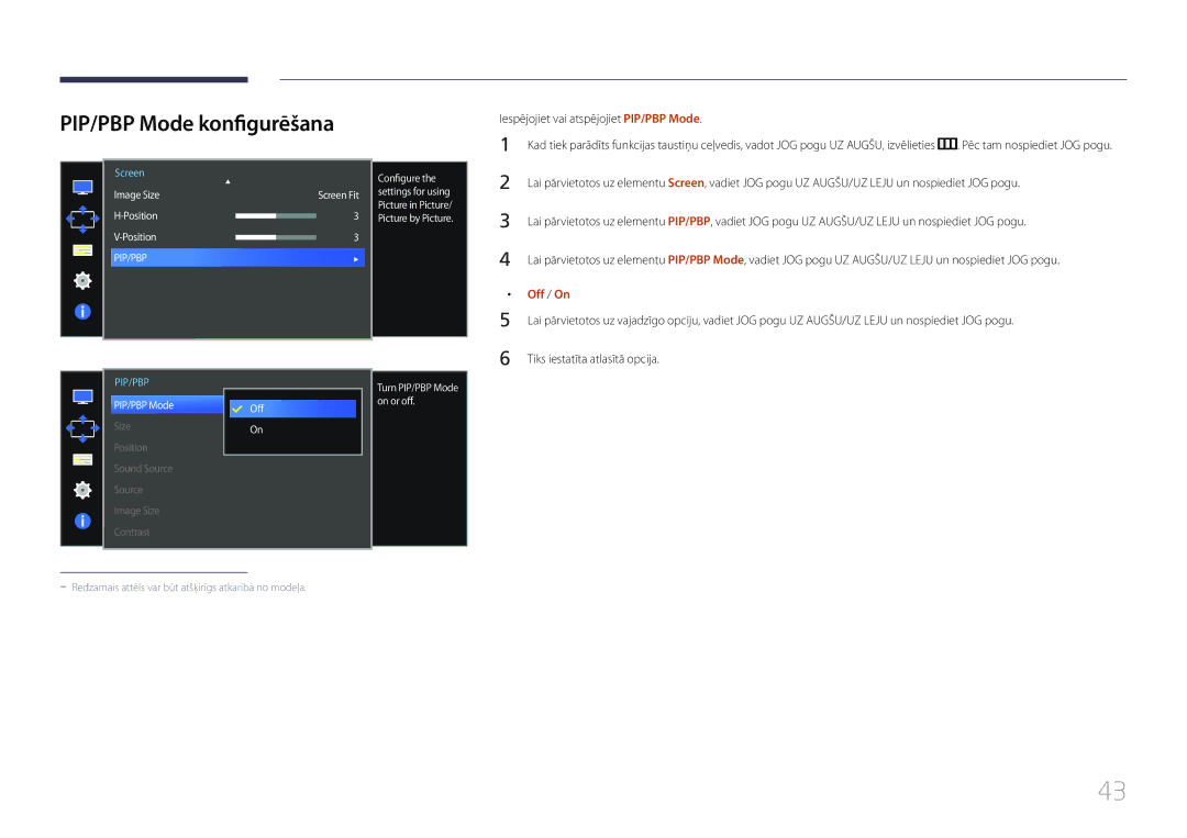 Samsung LS34E790CNS/EN manual PIP/PBP Mode konfigurēšana, Iespējojiet vai atspējojiet PIP/PBP Mode 