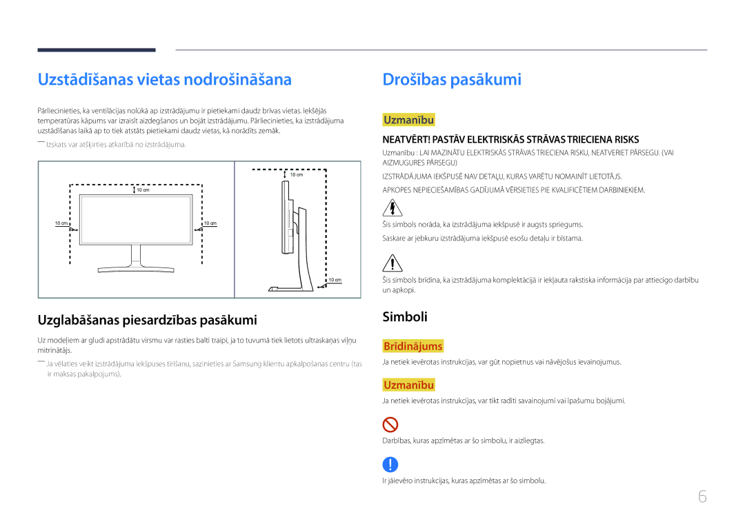 Samsung LS34E790CNS/EN Uzstādīšanas vietas nodrošināšana, Drošības pasākumi, Uzglabāšanas piesardzības pasākumi, Simboli 