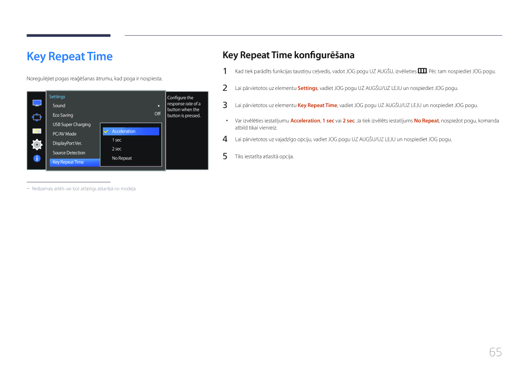 Samsung LS34E790CNS/EN Key Repeat Time konfigurēšana, Noregulējiet pogas reaģēšanas ātrumu, kad poga ir nospiesta 