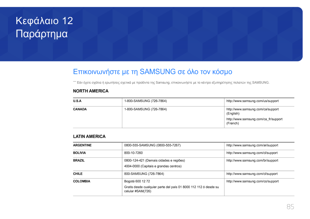 Samsung LS34E790CNS/EN manual Παράρτημα, Επικοινωνήστε με τη Samsung σε όλο τον κόσμο 