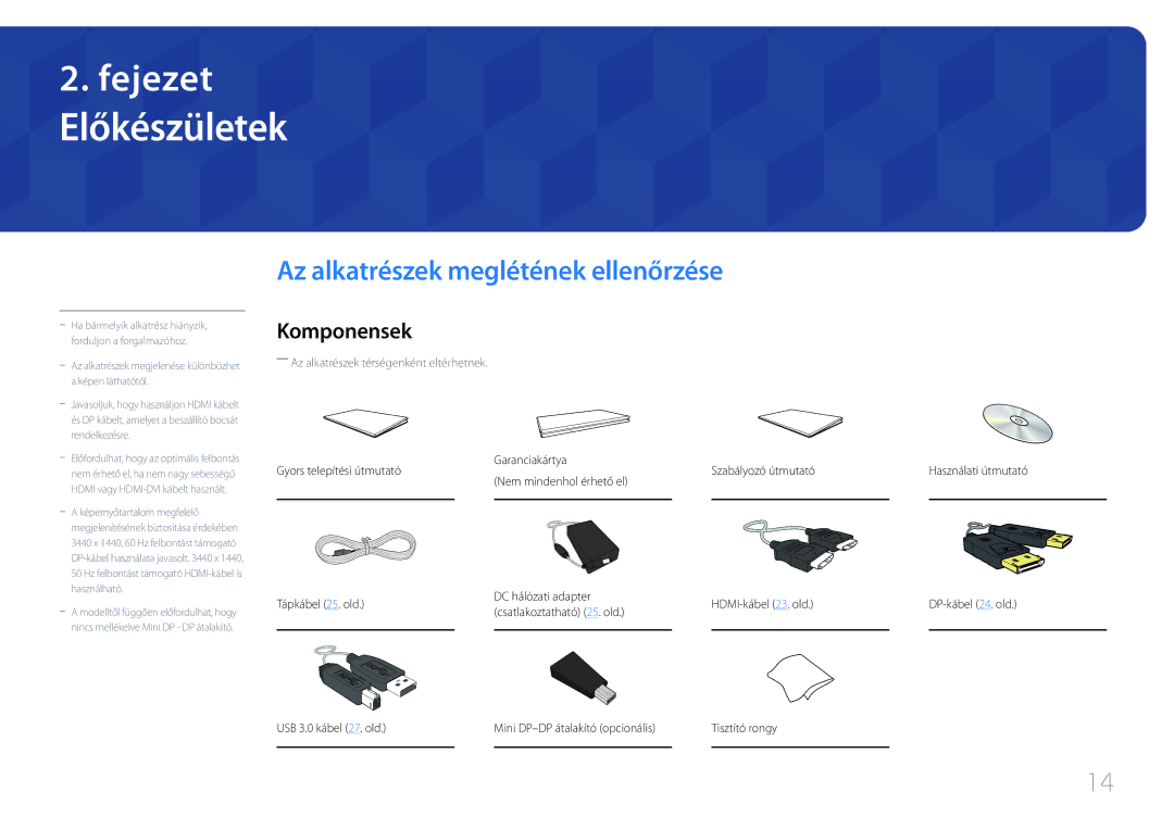 Samsung LS34E790CNS/EN manual Előkészületek, Az alkatrészek meglétének ellenőrzése, Komponensek, Tisztító rongy 