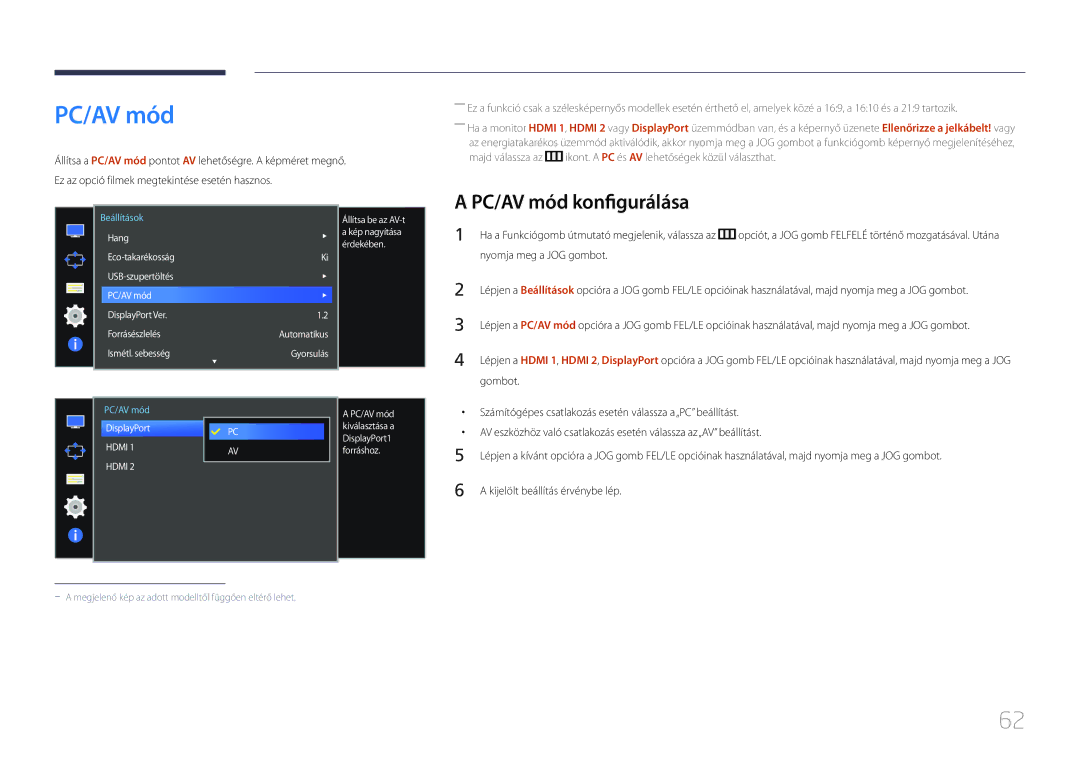 Samsung LS34E790CNS/EN manual PC/AV mód konfigurálása, PC/AV mód DisplayPort Kiválasztása a DisplayPort1, Forráshoz 