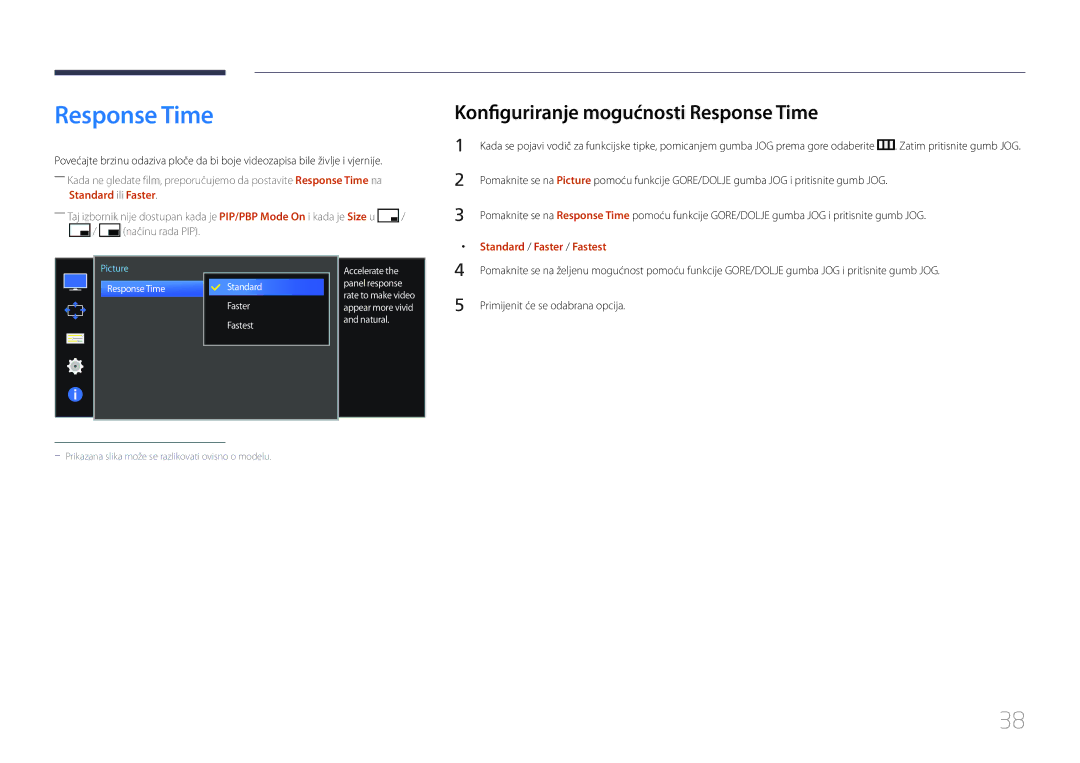 Samsung LS34E790CNS/EN manual Konfiguriranje mogućnosti Response Time, Standard ili Faster, Standard / Faster / Fastest 