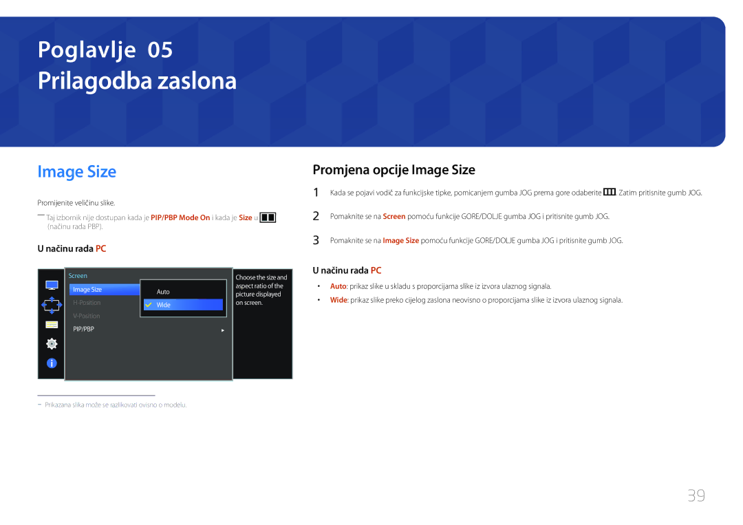 Samsung LS34E790CNS/EN manual Prilagodba zaslona, Promjena opcije Image Size, Promijenite veličinu slike 