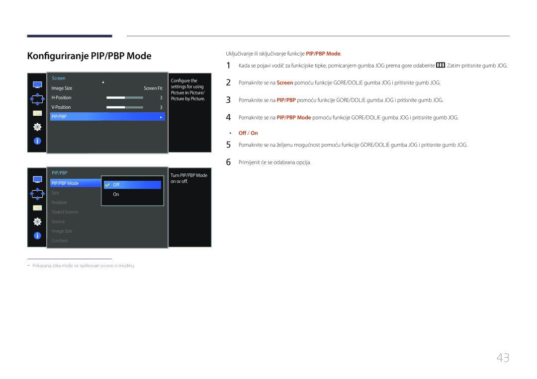 Samsung LS34E790CNS/EN manual Konfiguriranje PIP/PBP Mode, Uključivanje ili isključivanje funkcije PIP/PBP Mode, Off / On 