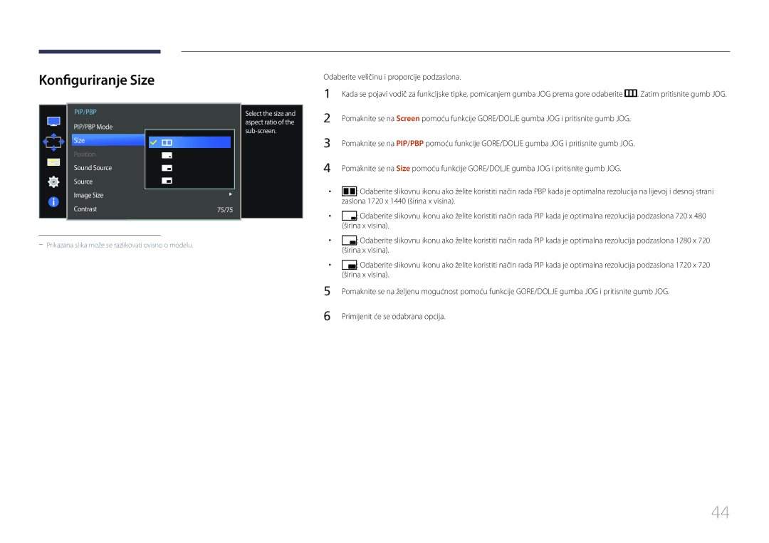 Samsung LS34E790CNS/EN manual Konfiguriranje Size, Odaberite veličinu i proporcije podzaslona, Visina 