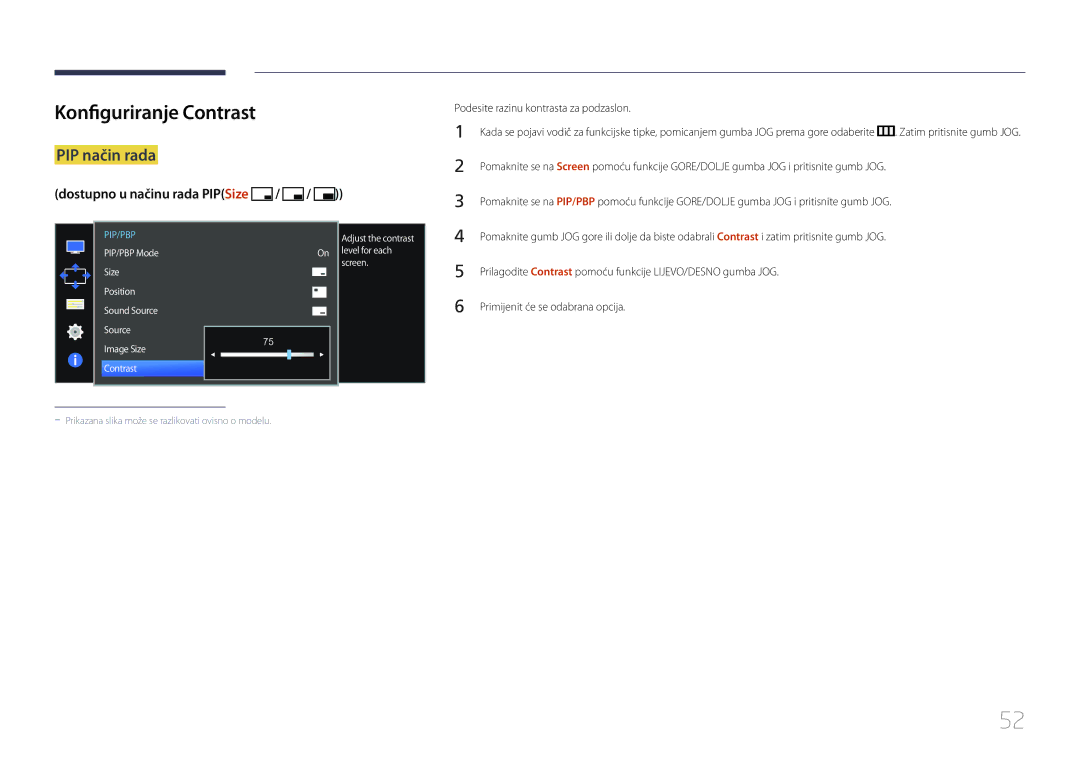 Samsung LS34E790CNS/EN manual Podesite razinu kontrasta za podzaslon, Dostupno u načinu rada PIPSize 