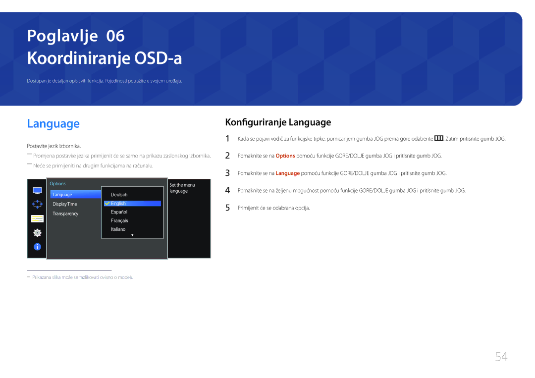 Samsung LS34E790CNS/EN manual Koordiniranje OSD-a, Konfiguriranje Language, Postavite jezik izbornika 