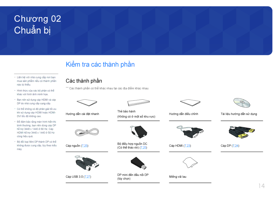 Samsung LS34E790CNS/XV manual Chuẩ̉n bị, Kiể̉m tra cá́c thà̀nh phầ̀n, Cá́c thà̀nh phầ̀n 