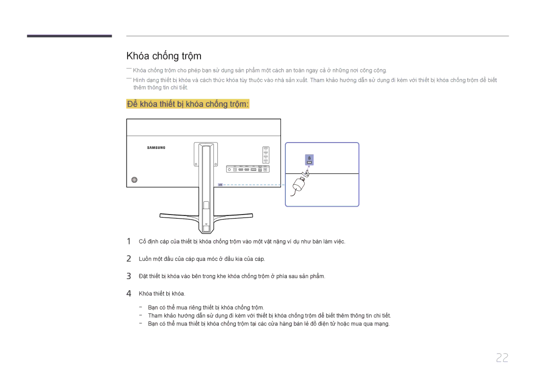 Samsung LS34E790CNS/XV manual Khó́a chố́ng trộ̣m, Để̉ khó́a thiế́t bị khó́a chố́ng trộ̣m 