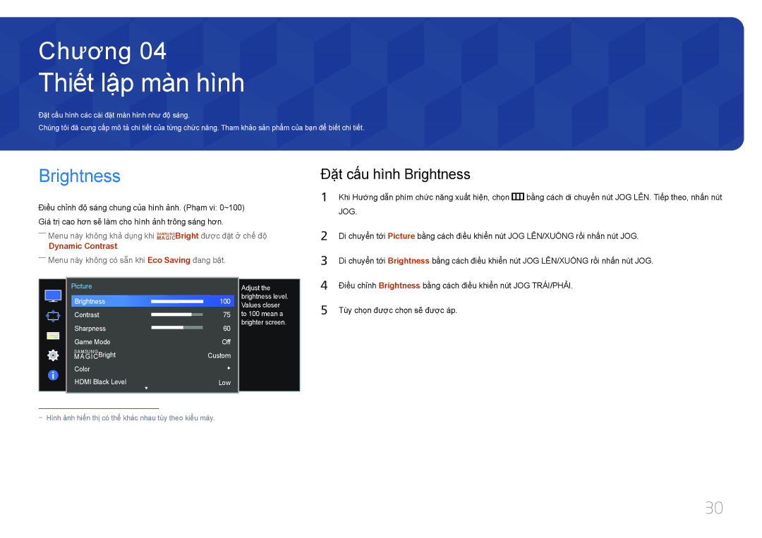 Samsung LS34E790CNS/XV manual Thiết lập màn hình, Đặ̣t cấ́u hì̀nh Brightness 