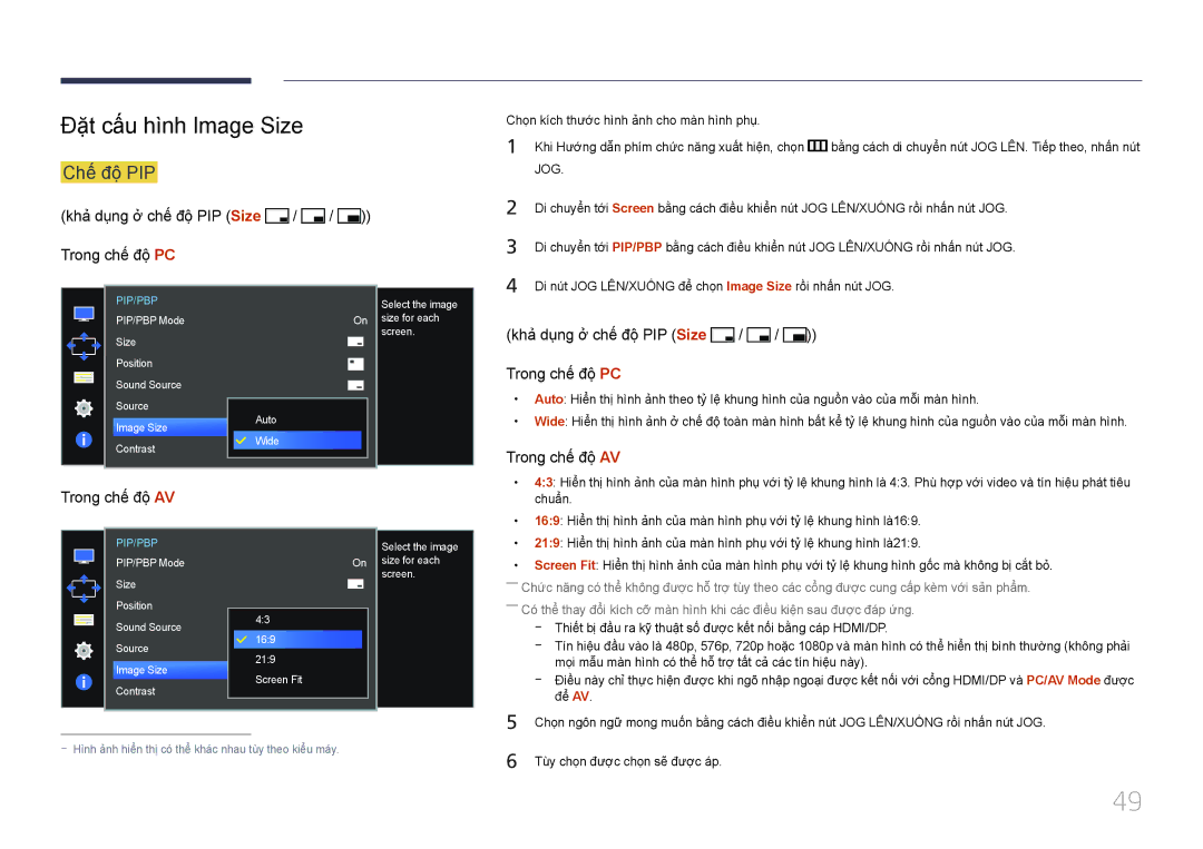 Samsung LS34E790CNS/XV manual Đặ̣t cấ́u hì̀nh Image Size, Khả̉ dụng ở̉ chế́ độ̣ PIP Size / / Trong chế độ PC 
