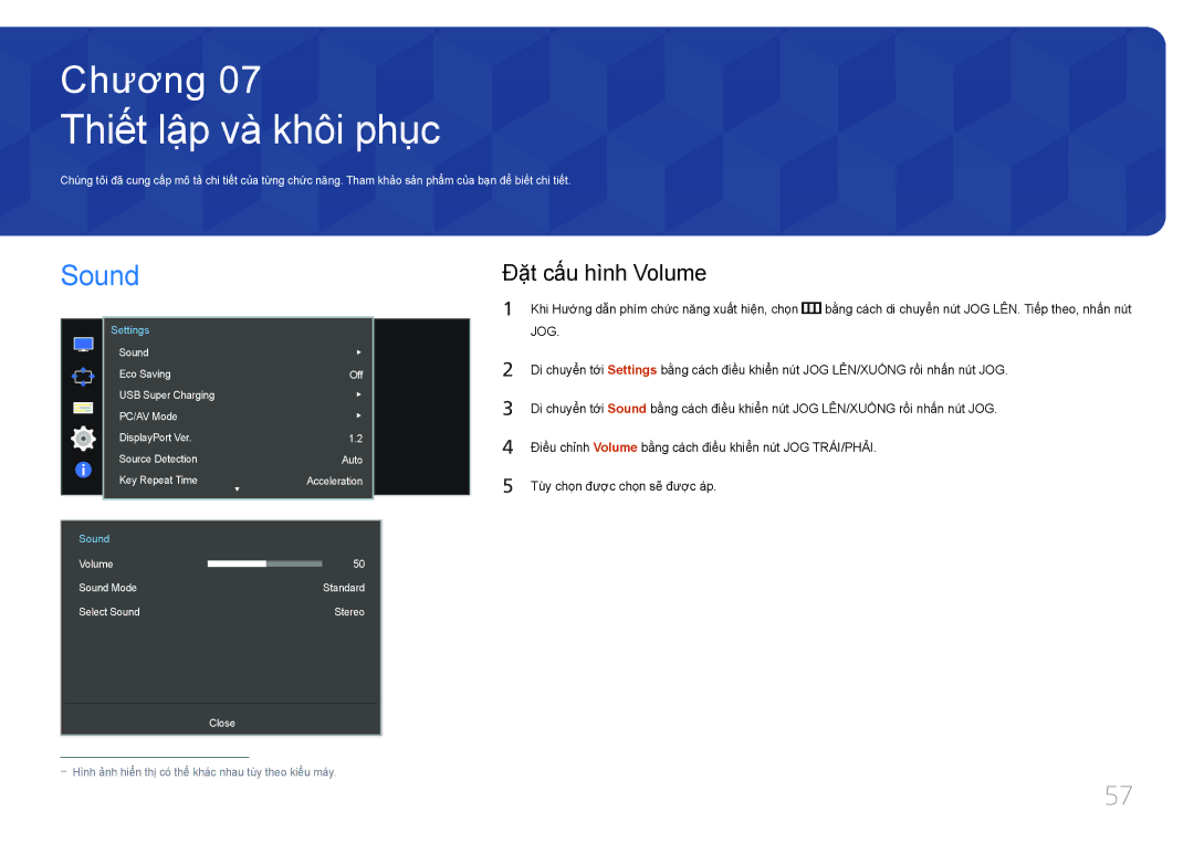 Samsung LS34E790CNS/XV manual Thiết lập và khôi phuc, Sound, Đặ̣t cấ́u hì̀nh Volume 