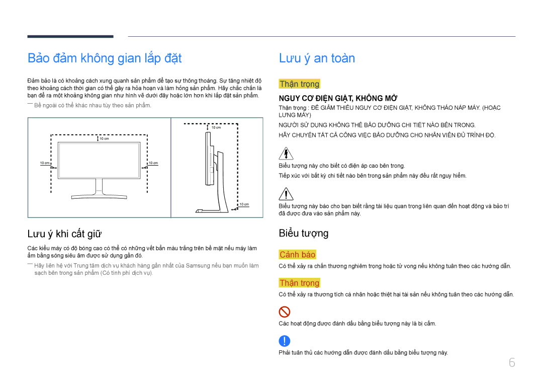 Samsung LS34E790CNS/XV manual Bả̉o đả̉m không gian lắ́p đặ̣t, Lưu ý an toàn, Lưu ý khi cất giữ, Biểu tượng 