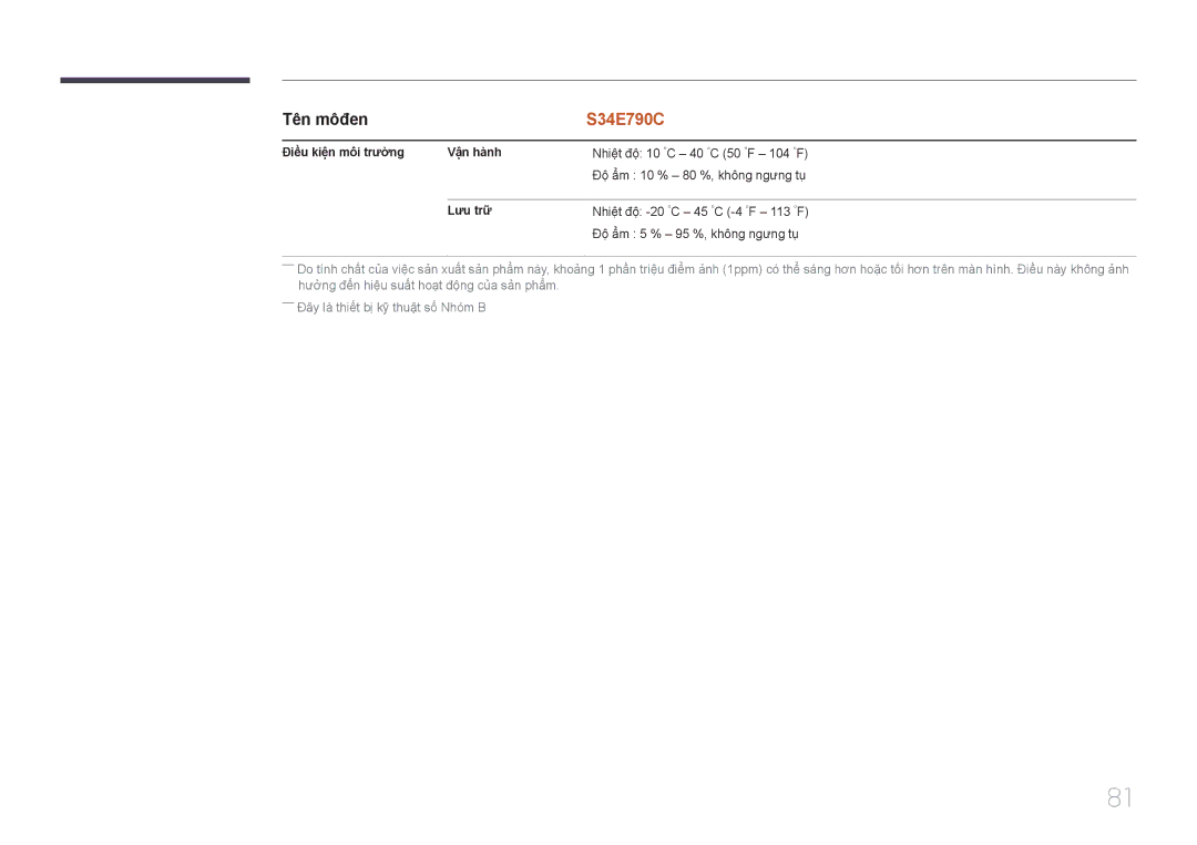 Samsung LS34E790CNS/XV manual Điều kiên môi trường Vận hành 