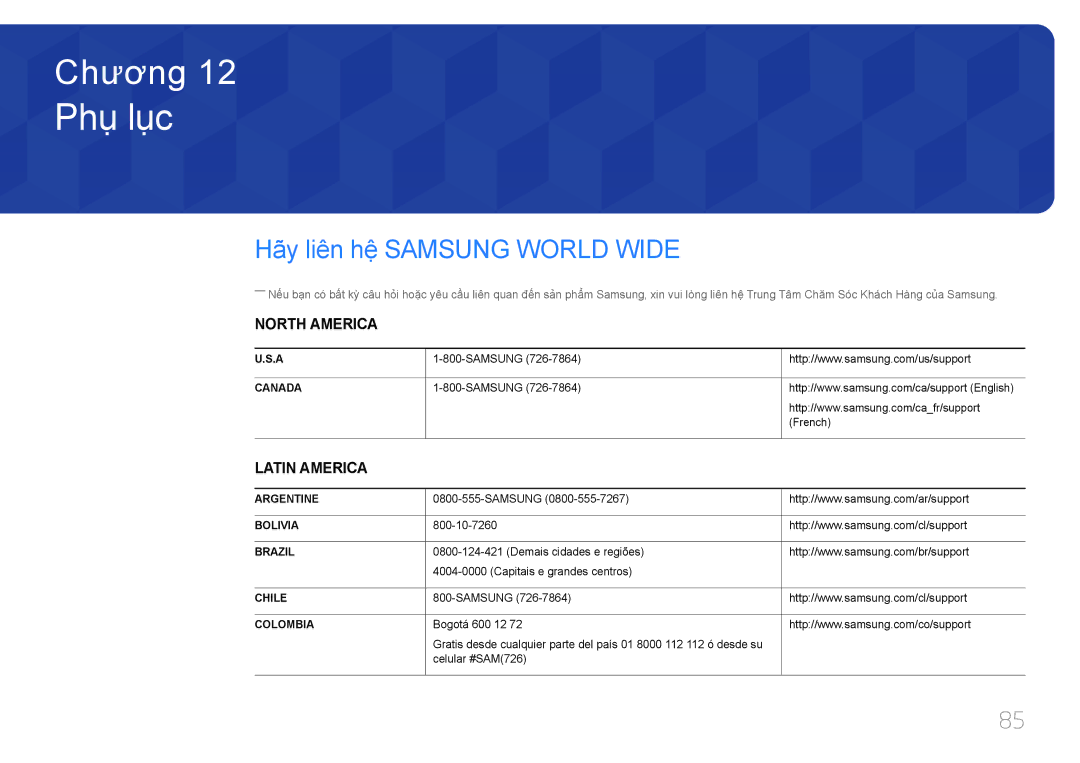 Samsung LS34E790CNS/XV manual Phu luc, Hã̃y liên hệ̣ Samsung World Wide 